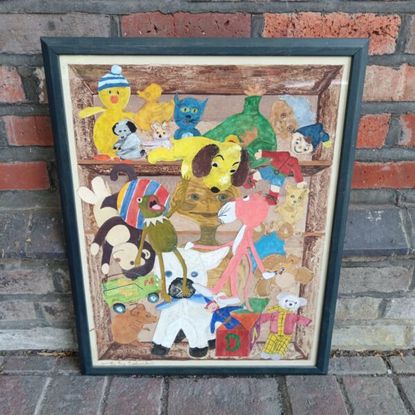 Vintage watercolour collage of a crowded toy cupboard.