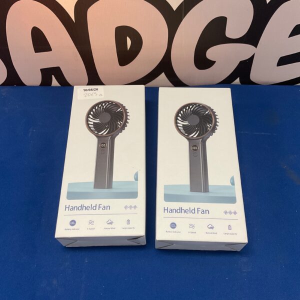 Close-up of two handheld fans, portable cooling devices.