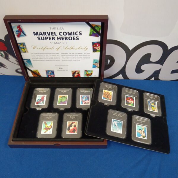 USA Marvel Comics stamp set featuring superheroes like Spider-Man and Hulk.