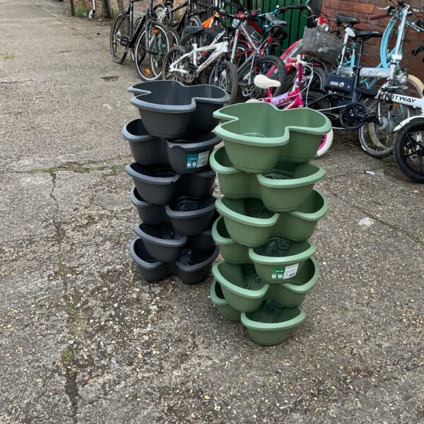 Two Verve strawberry plant towers for growing strawberries vertically.
