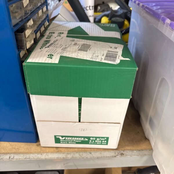 Box of Viking recycled A4 printer paper for office use.
