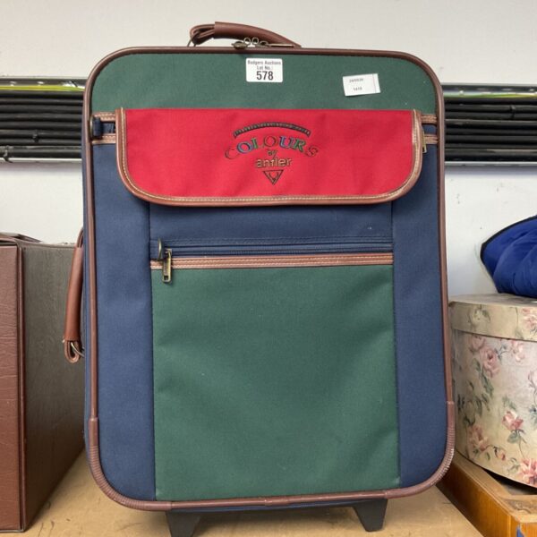 Vintage Antler suitcase model 578 with red and green colour block design.