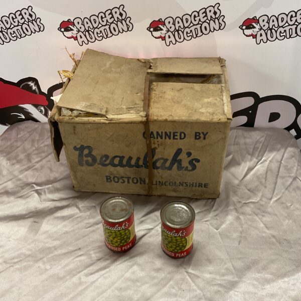 Box of vintage Beaulah’s food cans from Lincolnshire.