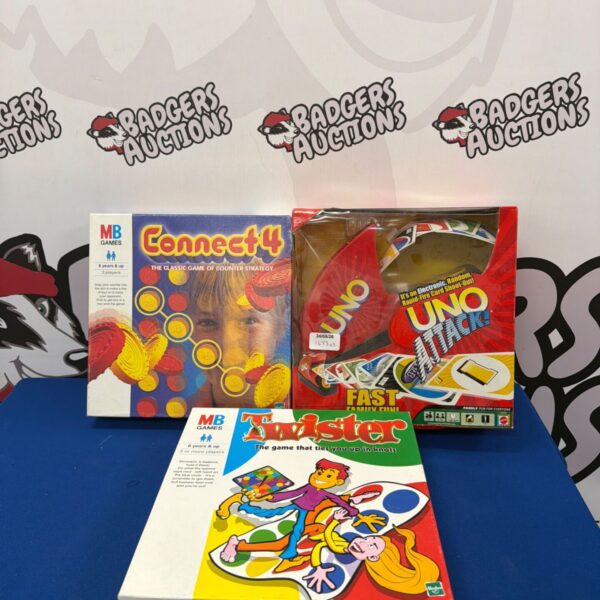 Vintage lot of board games including UNO, Twister, and Connect 4.