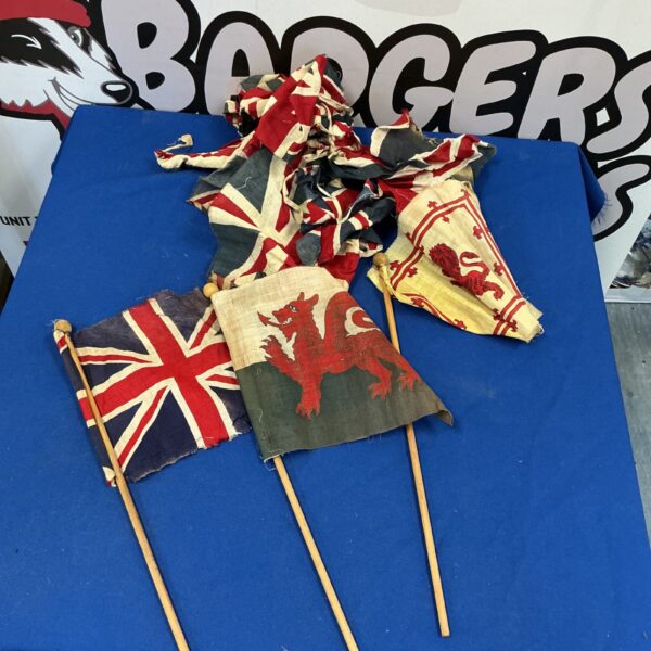 Vintage British bunting and flags collection, including Union Jack designs.