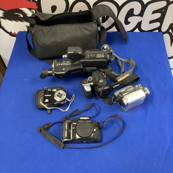Lot of vintage digital and film cameras including Sony and Panasonic.