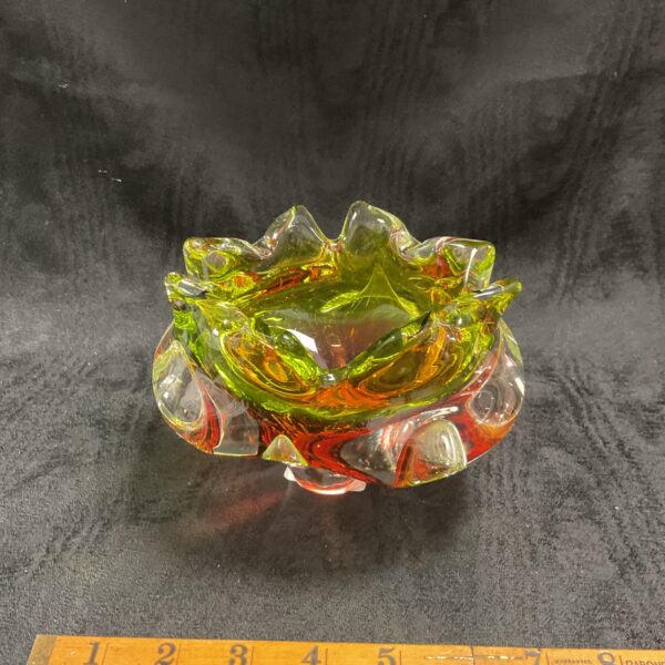 Vintage Chribska art glass bowl with vibrant colours.
