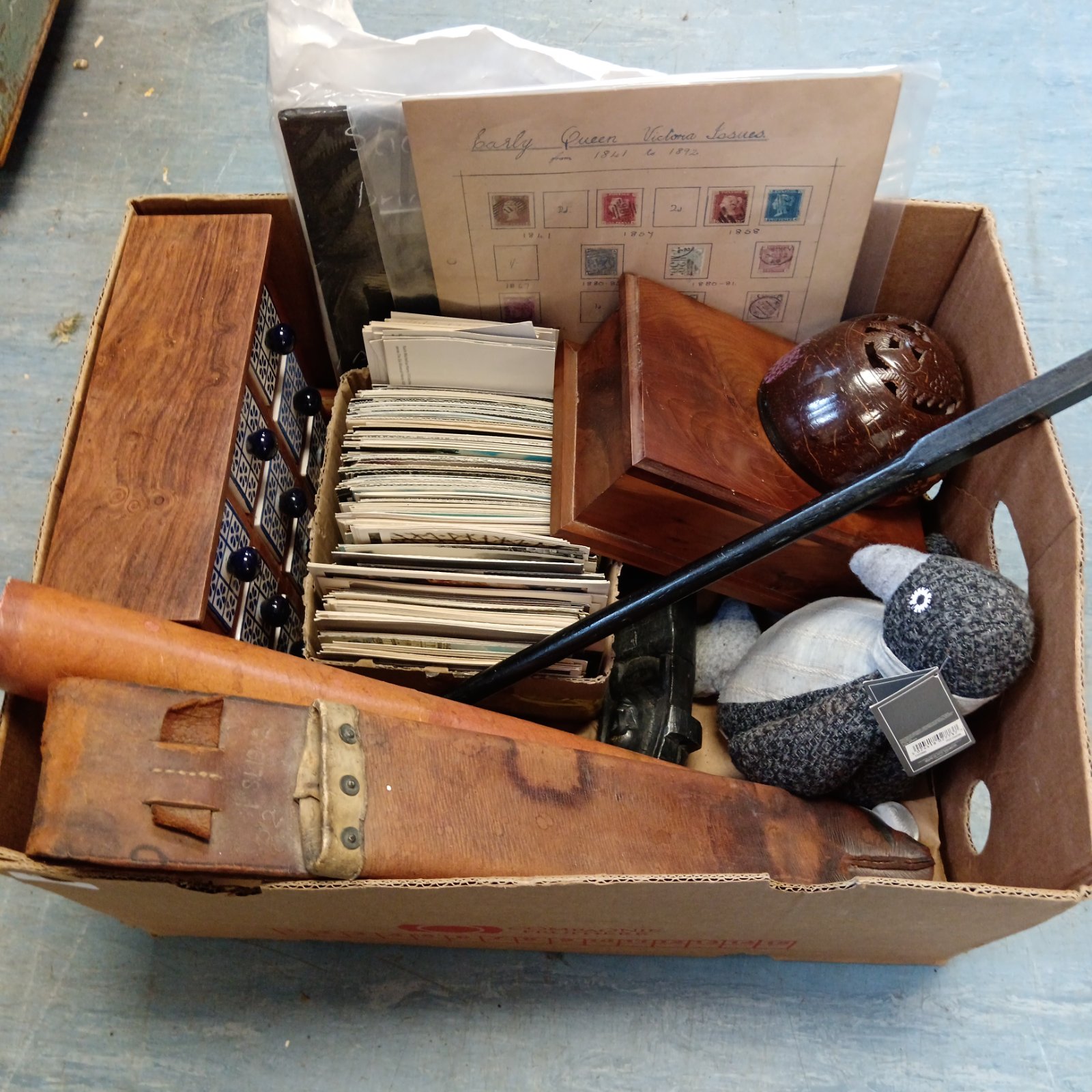 Mixed lot of vintage collectibles including postcards and a spice drawer.
