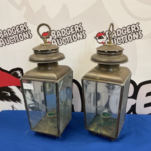 Pair of vintage copper candle lanterns with etched glass panels.