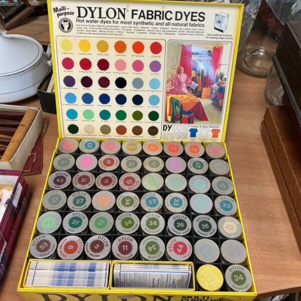 Vintage Dylon fabric dye box with instructions for various fabrics.