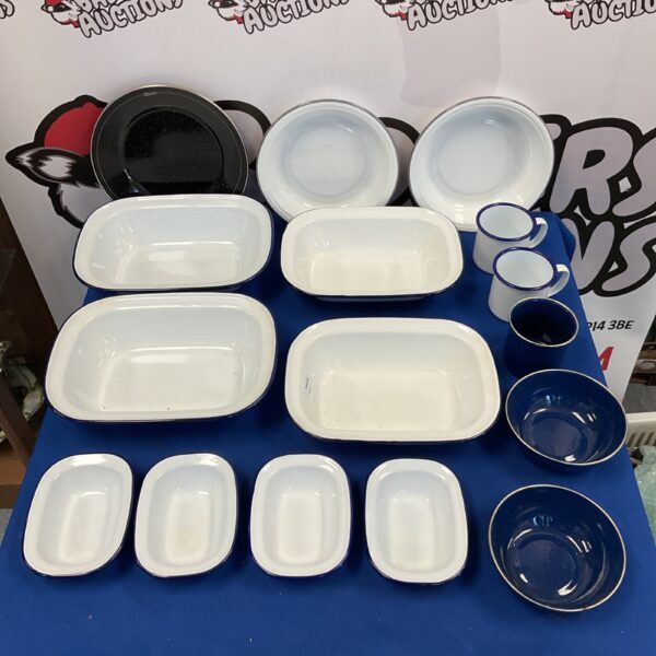 Vintage enamel kitchenware lot with bowls, dishes and mugs.