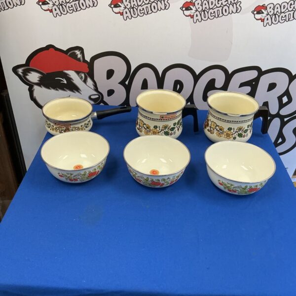 Vintage enamel rice bowls with floral pattern, collectible kitchenware.