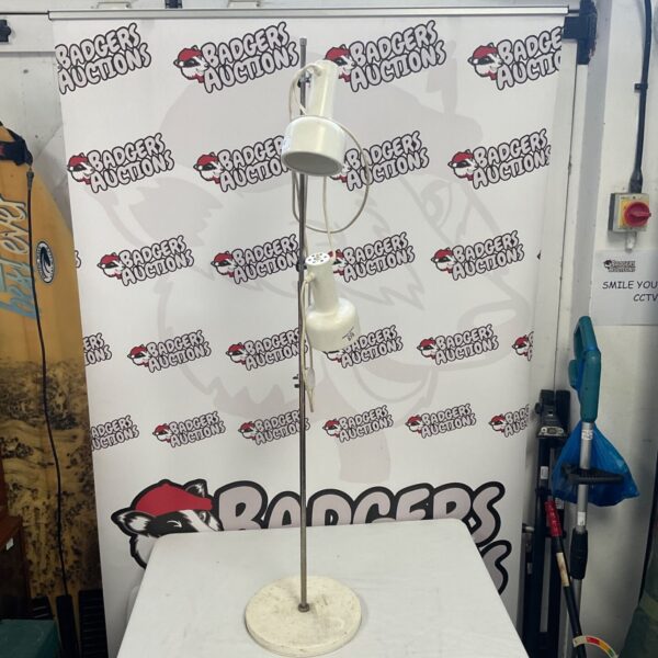 Vintage 1970s floor lamp with adjustable spotlights in chrome and white.
