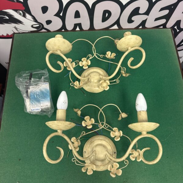 Vintage floral wall lights with bulbs, a pair of gilded sconces.