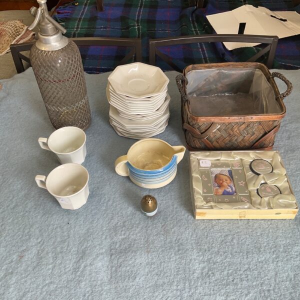 Vintage house clearance lot featuring soda siphon and Johnson China.