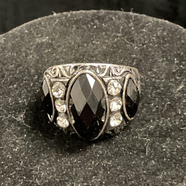 Vintage jet and white stone ring, size Q, Art Deco style.
