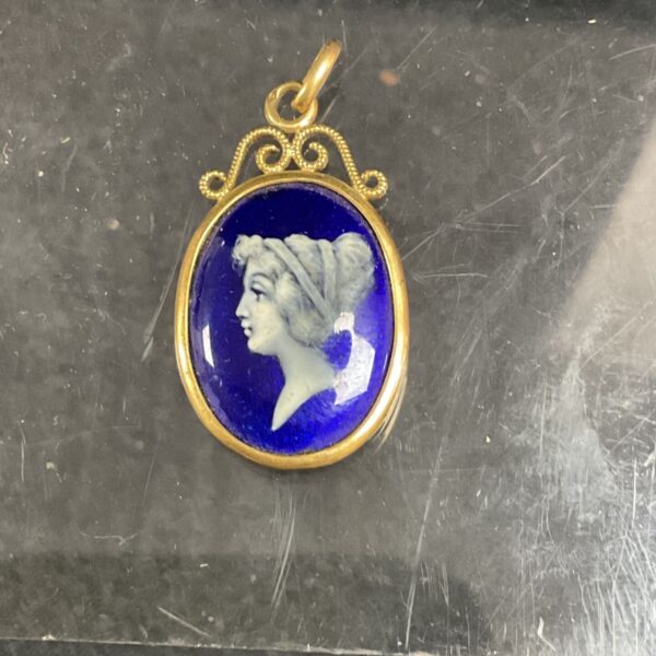Vintage French Limoges pendant with blue enamel and cameo.