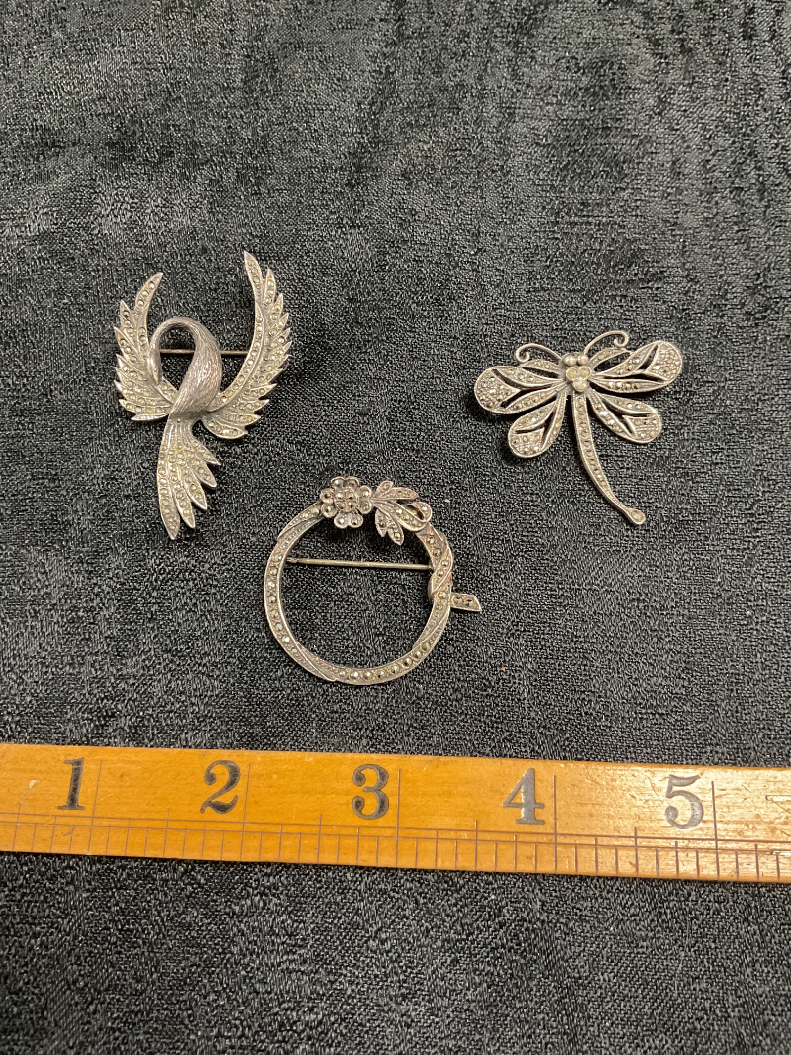 952 Three vintage 925 Silver Marcasite brooches