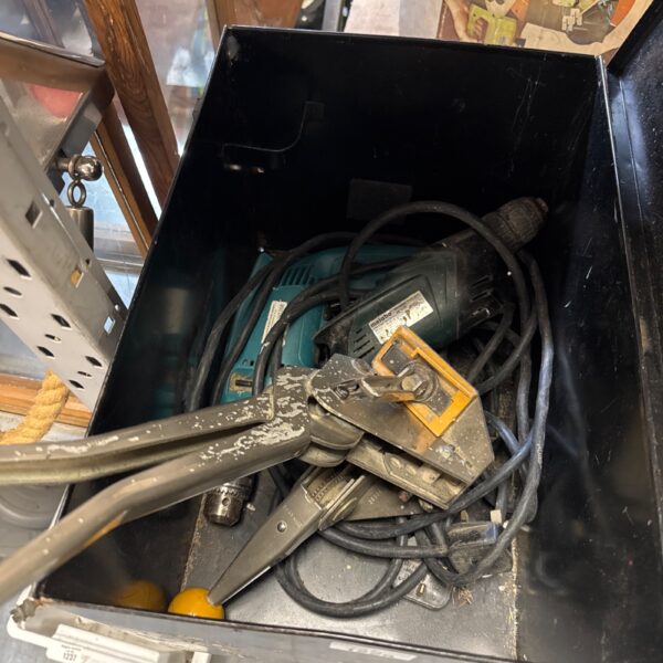 Vintage Metabo drill set in metal toolbox, classic power tools.