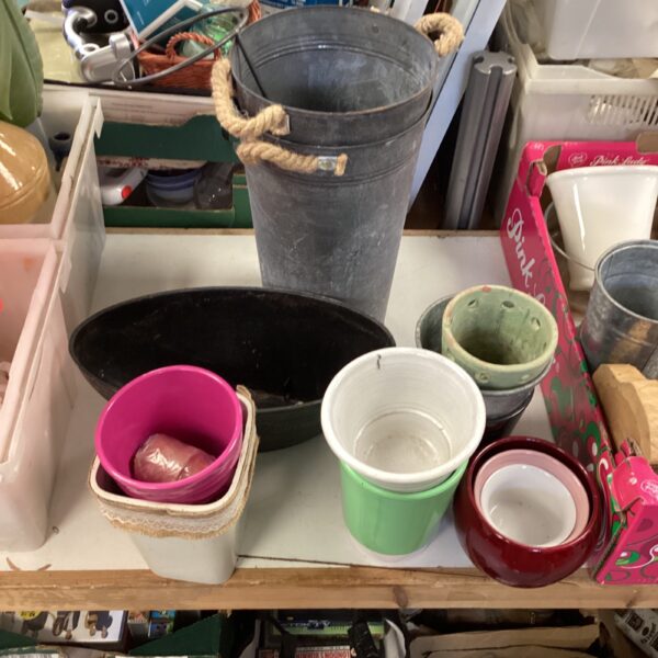 Vintage metal bins and flower pots in a mixed lot.