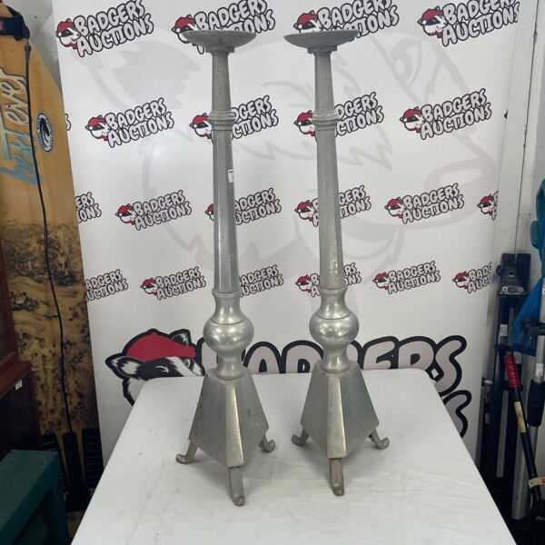 Vintage metal candlesticks pair for home decor.