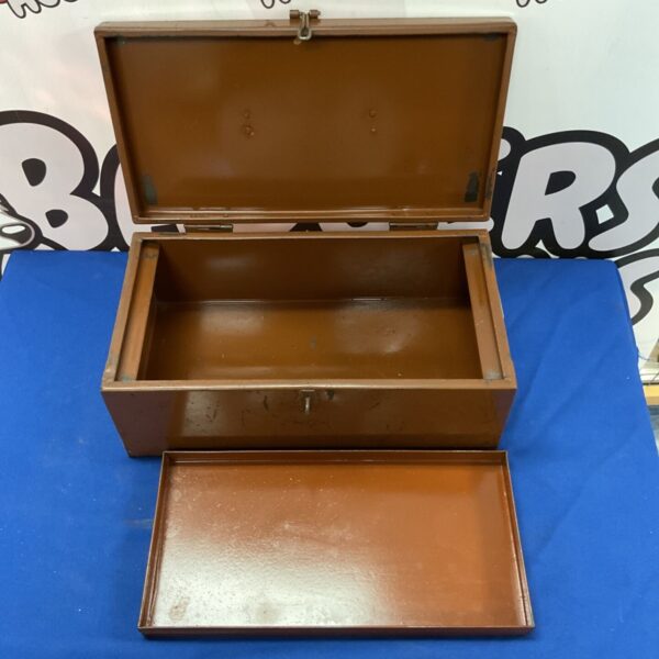 Vintage brown metal toolbox for tool storage.