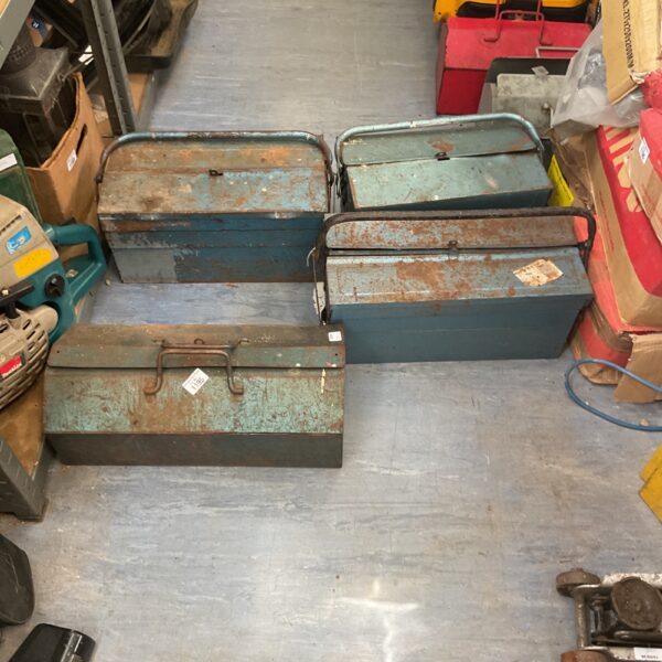 Vintage metal cantilever toolboxes in a workshop setting.