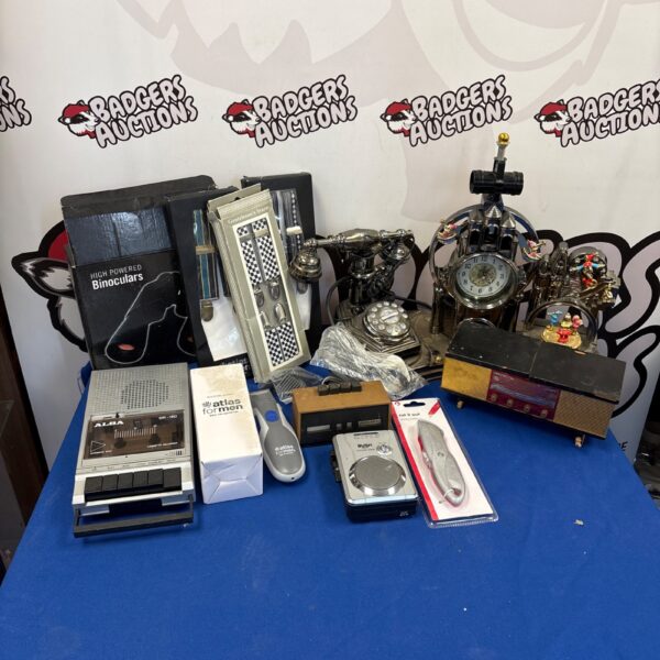 Vintage mixed lot including grooming kit, binoculars, and novelty telephone.