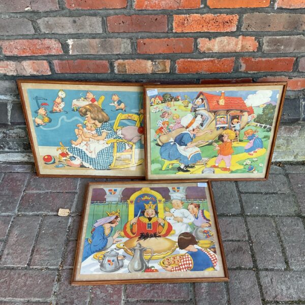 Vintage framed nursery rhyme prints, classic children's wall art.