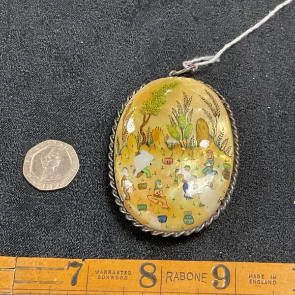 Vintage Persian shell pendant with miniature painting and white metal band.