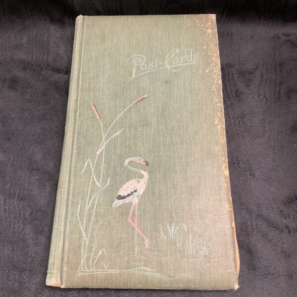 Vintage postcard album cover with flamingo design and "Post-Cards" title.