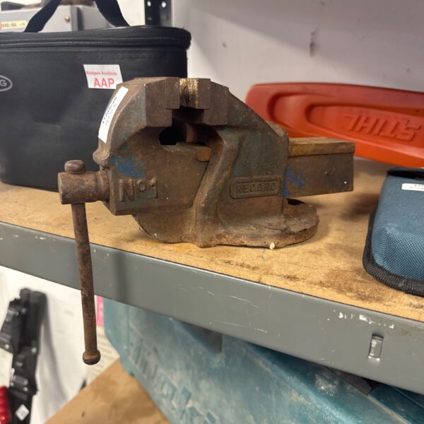 Vintage Record No.1 bench vice for metalworking and workshop use.