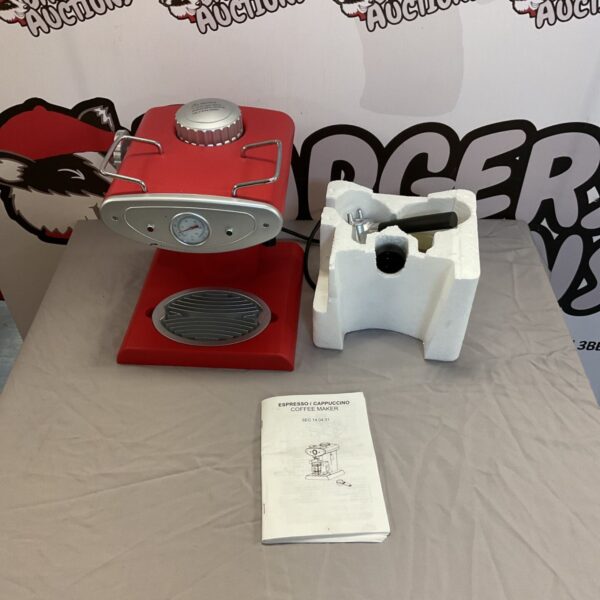 Vintage red espresso machine with pressure gauge and portafilter.