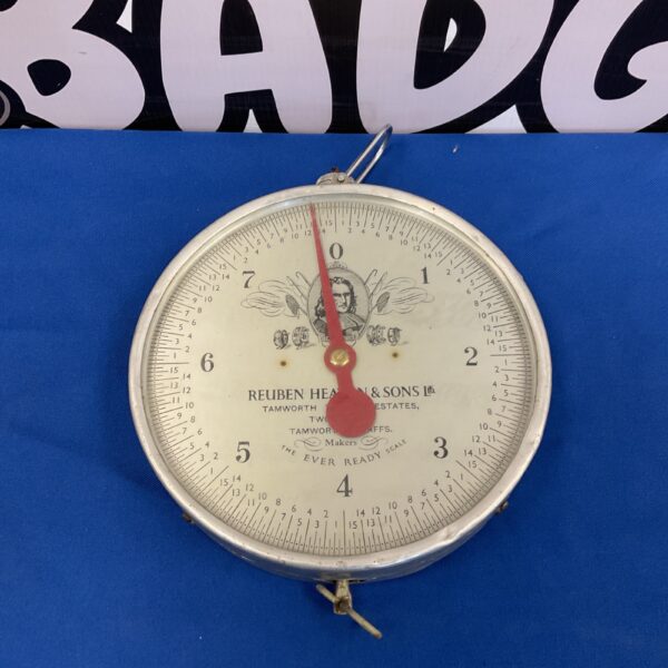 Vintage Reuben Heaton kitchen scales, a collectible antique.
