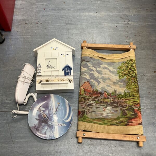 Vintage seaside key box and tapestry, coastal home decor.