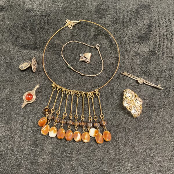 Vintage silver necklace with amber coloured glass pendants.