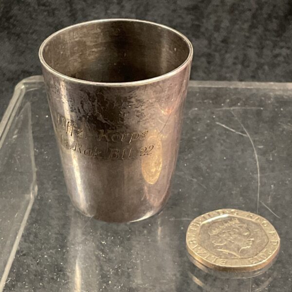 Vintage silver snapz cup with inscription, dated 1922.