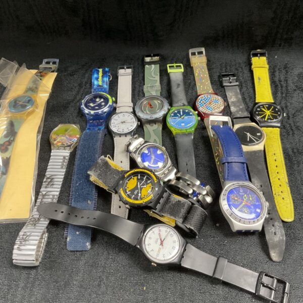 Vintage Swatch watch collection, colourful 1980s and 1990s timepieces.