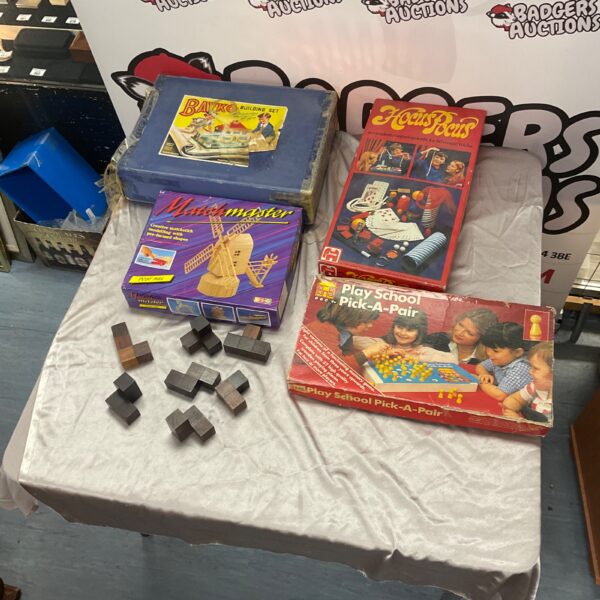 Vintage toy games lot including Bayko, Matchmaster, and Playschool Pick a Pair.