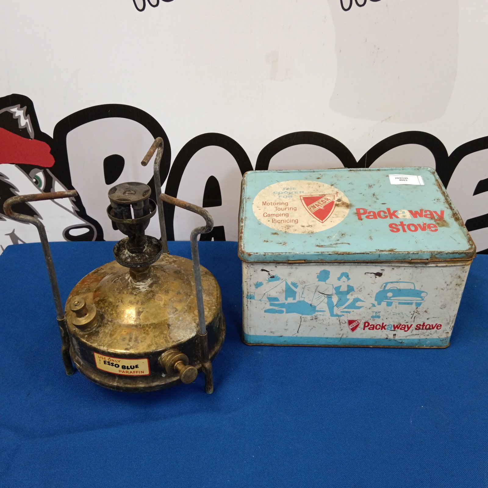 Vintage Valor Packaway paraffin stove in original blue tin.