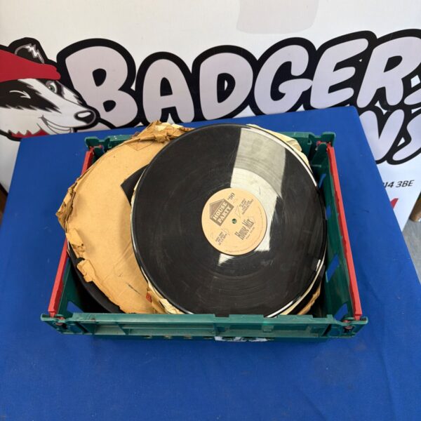 Tray of vintage 12 inch vinyl records for collectors.