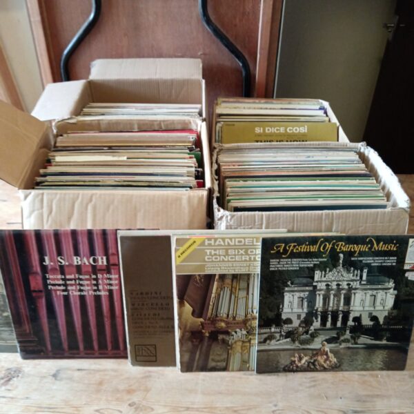 Boxes of vintage vinyl records, classical music collection.