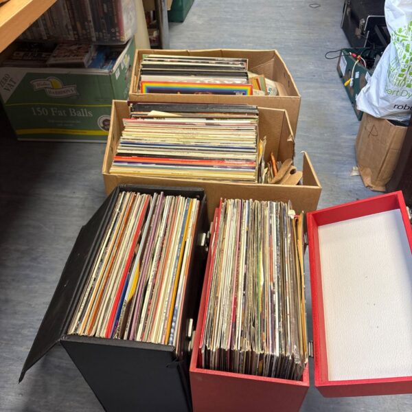 Mixed vinyl record job lot in a carrying case.