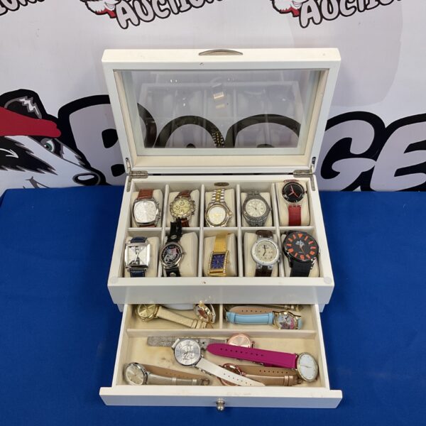 Mele & Co watch display box with vintage watch collection inside.