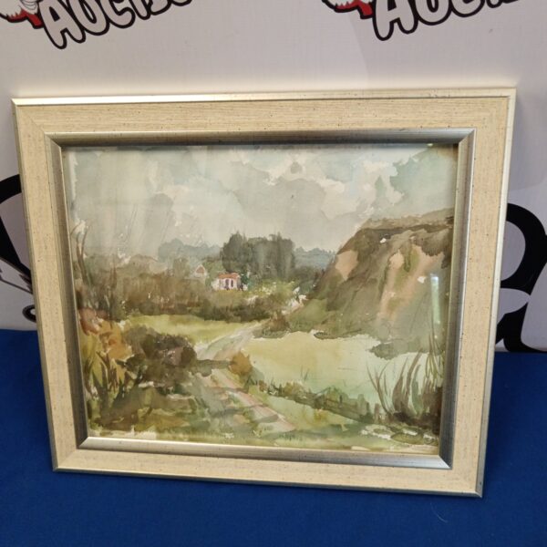 Signed watercolour landscape painting of a peaceful valley scene.