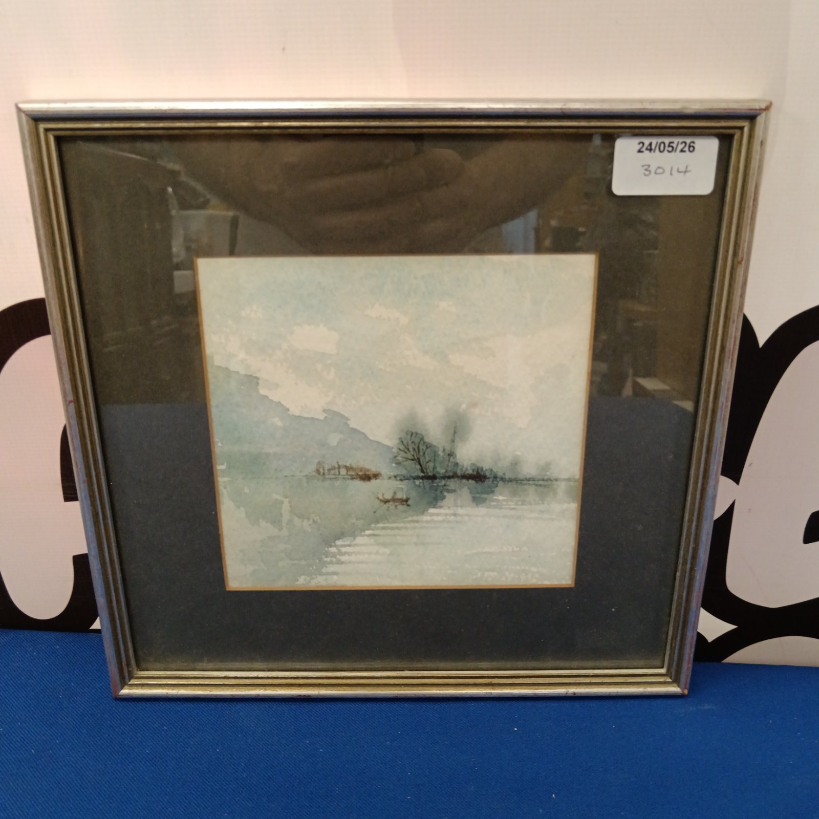 Original watercolour painting of a misty morning landscape with a boat.