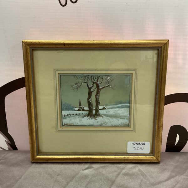 Framed watercolour painting of a winter landscape signed DH.