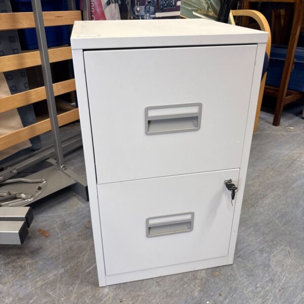 White metal two-drawer filing cabinet for office storage.