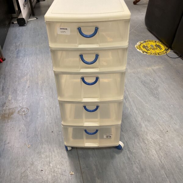 White plastic mini drawer organizer with blue handles, model 240526.