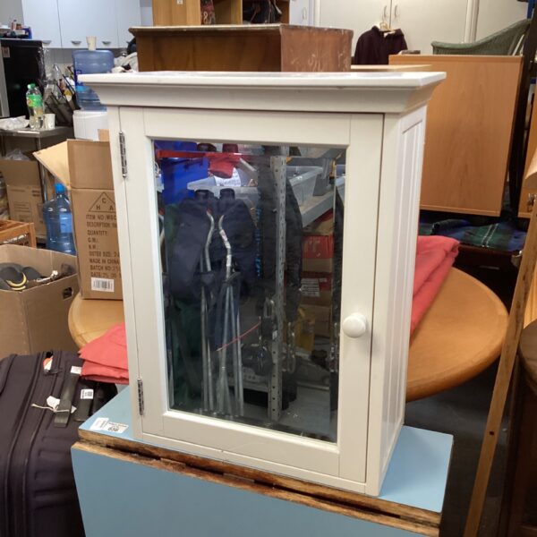 White mirrored bathroom cabinet, wall-mounted storage solution.